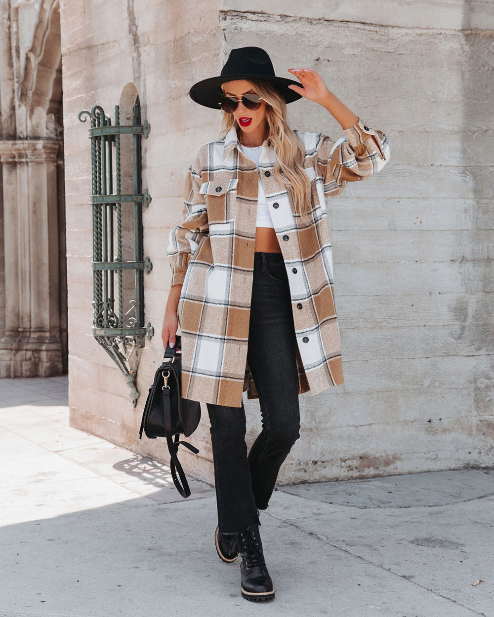 Blusa larga a cuadros con cuello de invierno para mujer, de lana holgada para oficina