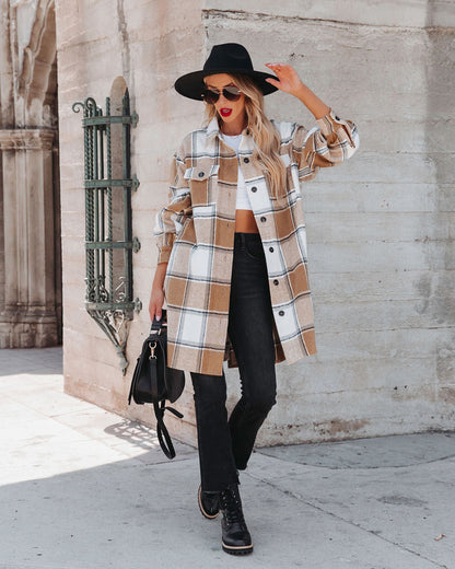 Blusa larga a cuadros con cuello de invierno para mujer, de lana holgada para oficina