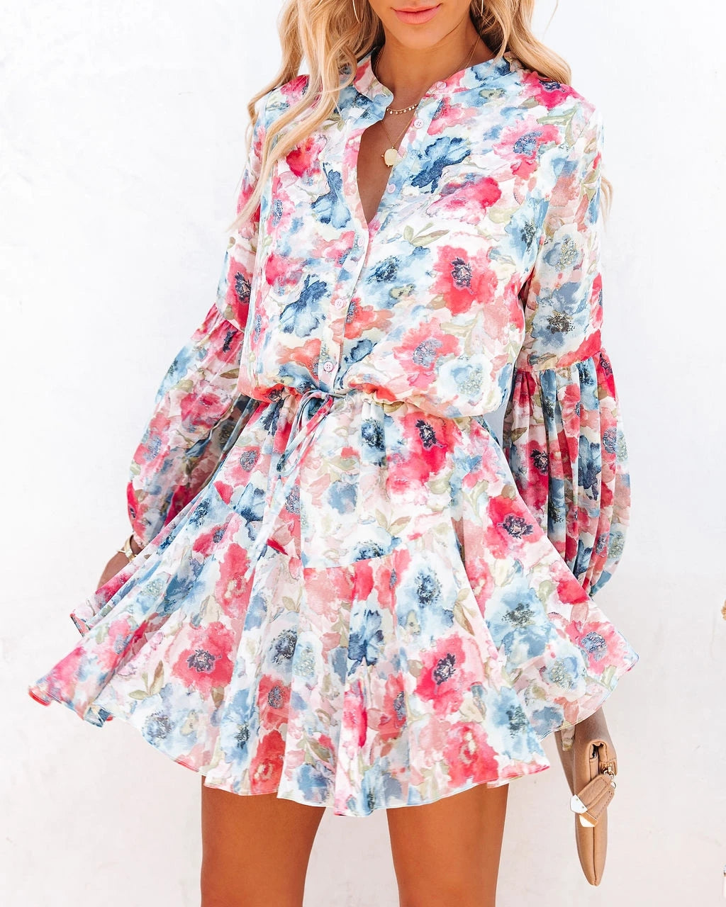 Women Summer Holiday Plaid Printed Lantern Sleeve Ruffled Hem Long Sleeve Dress CC