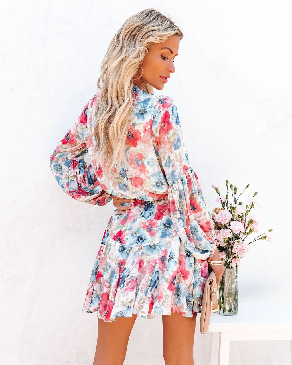 Women Summer Holiday Plaid Printed Lantern Sleeve Ruffled Hem Long Sleeve Dress CC