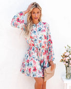 Women Summer Holiday Plaid Printed Lantern Sleeve Ruffled Hem Long Sleeve Dress CC