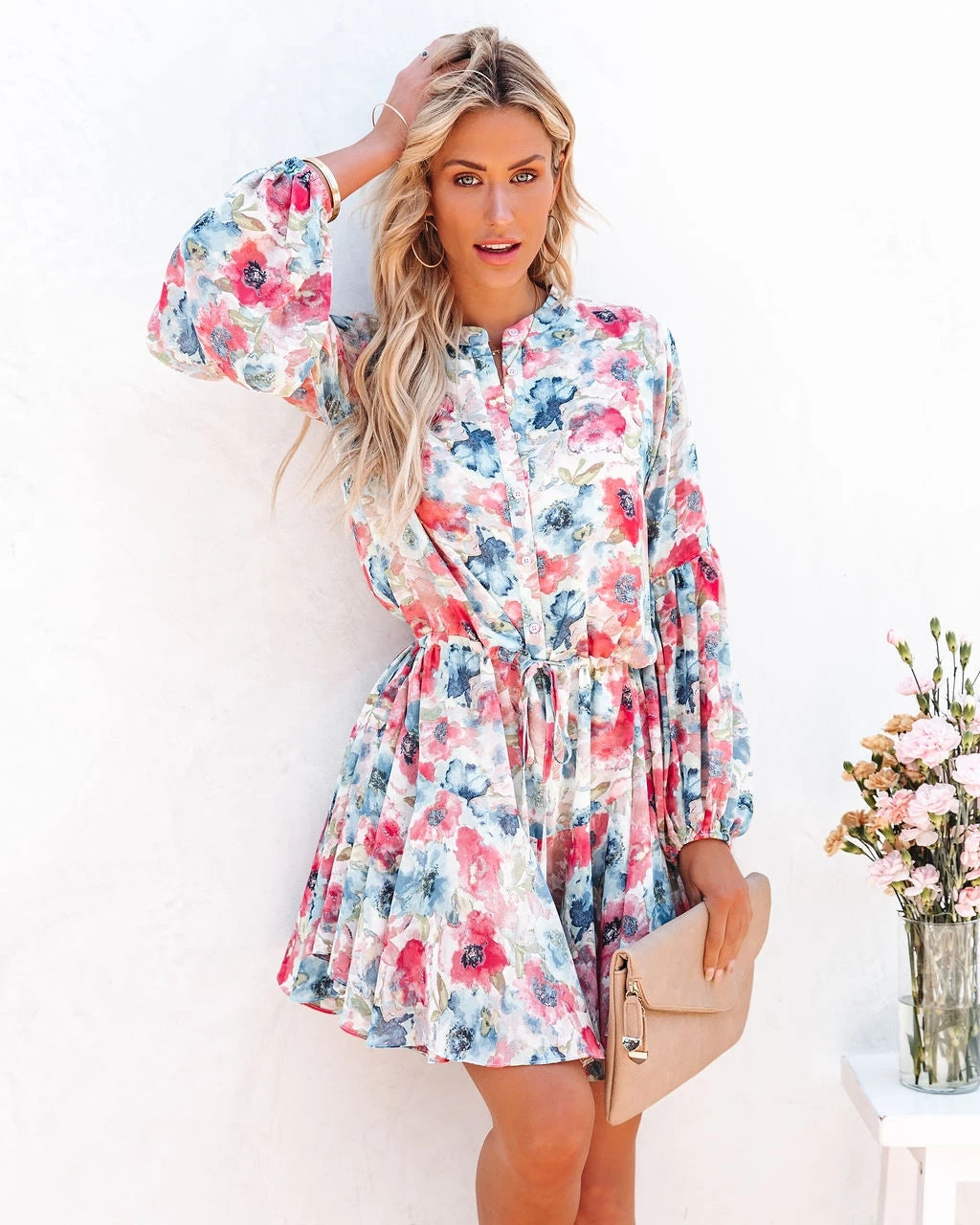 Women Summer Holiday Plaid Printed Lantern Sleeve Ruffled Hem Long Sleeve Dress CC