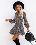 Women Summer Holiday Plaid Printed Lantern Sleeve Ruffled Hem Long Sleeve Dress CC