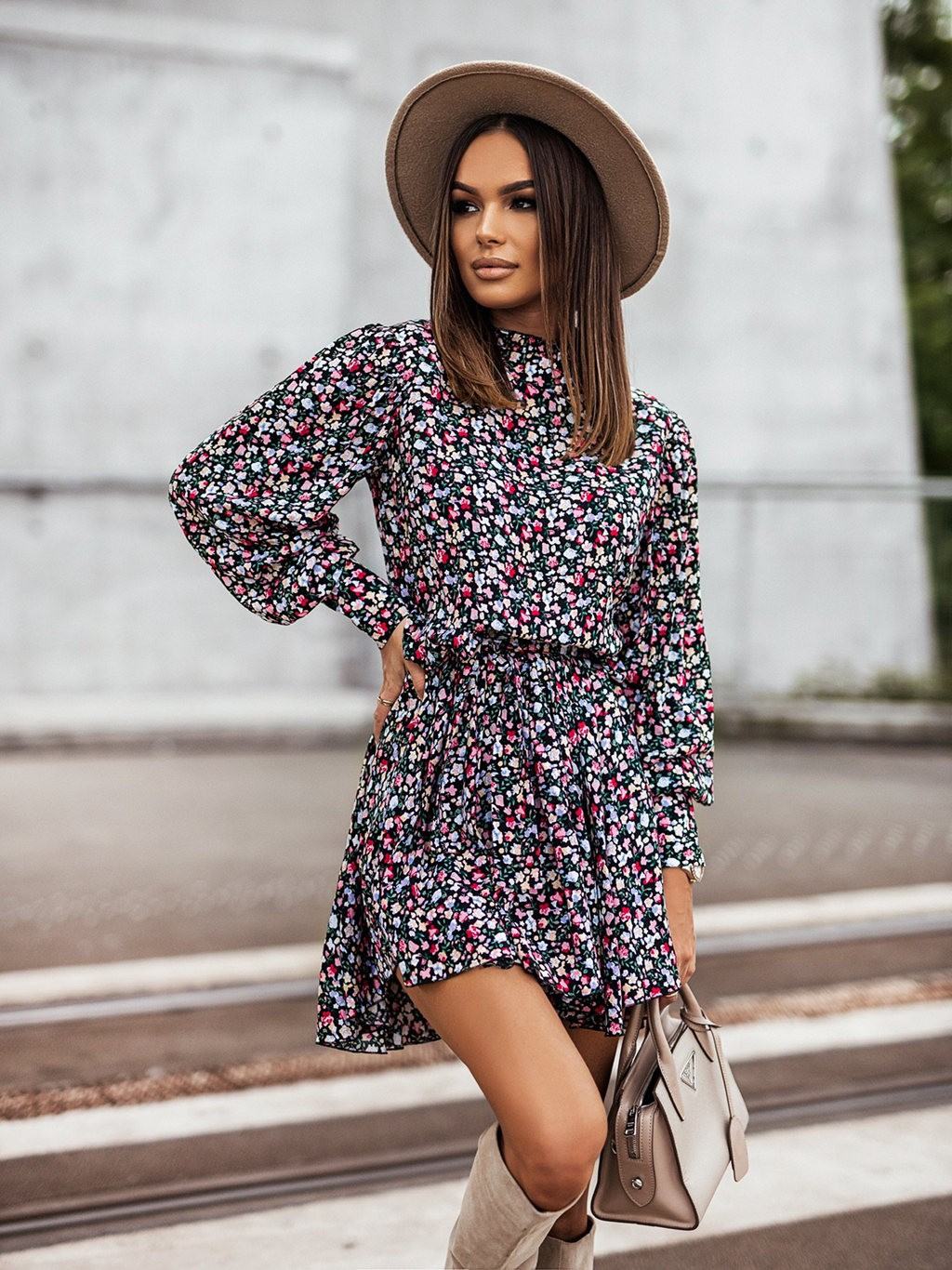 Women Summer Vacation New Printed Irregular Asymmetric Long Sleeve Dress CC
