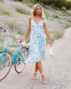 Women Summer Vacation New Printed Strap V Neck Flounce Dress CC