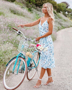 Women Summer Vacation New Printed Strap V Neck Flounce Dress CC