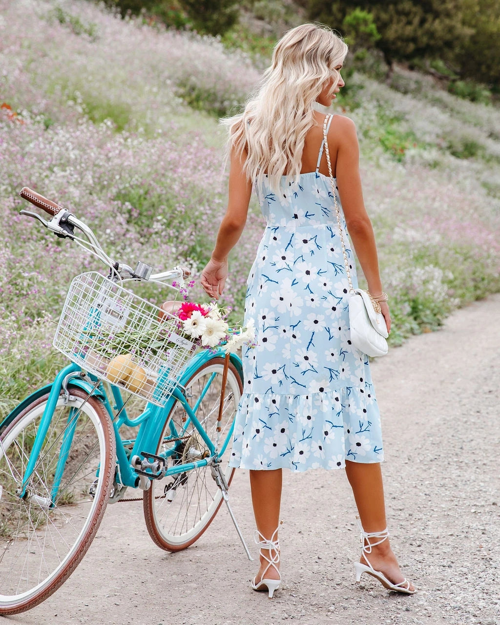 Women Summer Vacation New Printed Strap V Neck Flounce Dress CC