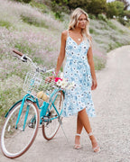 Women Summer Vacation New Printed Strap V Neck Flounce Dress CC