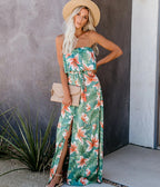 Women Summer Vacation New Tropical Rain Forest Print Shoulder Ruffled Split Dress CC