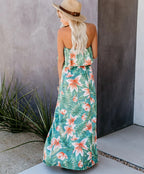 Women Summer Vacation New Tropical Rain Forest Print Shoulder Ruffled Split Dress CC