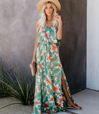 Women Summer Vacation New Tropical Rain Forest Print Shoulder Ruffled Split Dress CC