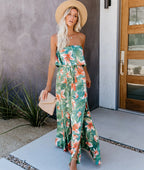 Women Summer Vacation New Tropical Rain Forest Print Shoulder Ruffled Split Dress CC