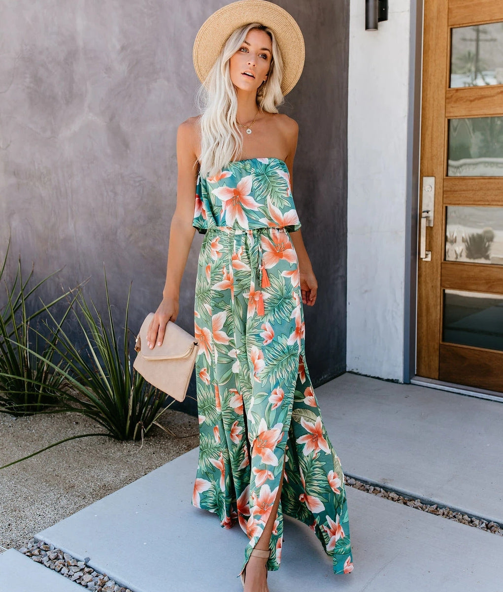 Women Summer Vacation New Tropical Rain Forest Print Shoulder Ruffled Split Dress CC