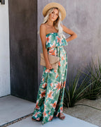 Women Summer Vacation New Tropical Rain Forest Print Shoulder Ruffled Split Dress CC