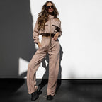 Ensemble automne-hiver femme : haut à manches longues, pantalon décontracté, fermeture éclair double poche et cordon de serrage, coloris uni.