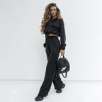 Ensemble automne-hiver femme : haut à manches longues, pantalon décontracté, fermeture éclair double poche et cordon de serrage, coloris uni.