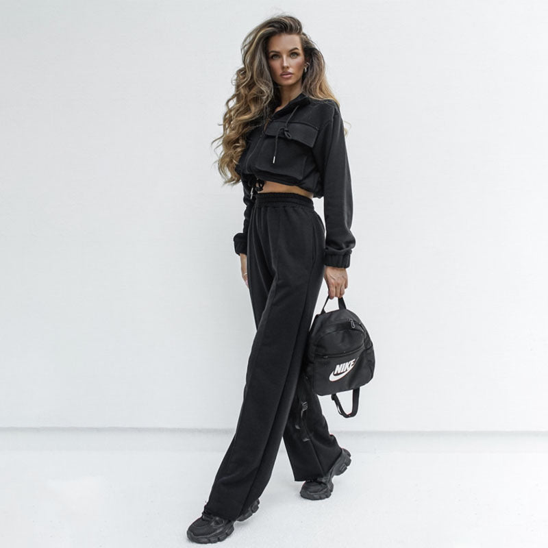 Ensemble automne-hiver femme : haut à manches longues, pantalon décontracté, fermeture éclair double poche et cordon de serrage, coloris uni.