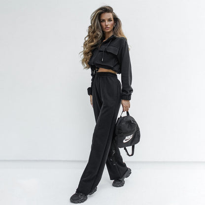 Ensemble automne-hiver femme : haut à manches longues, pantalon décontracté, fermeture éclair double poche et cordon de serrage, coloris uni.