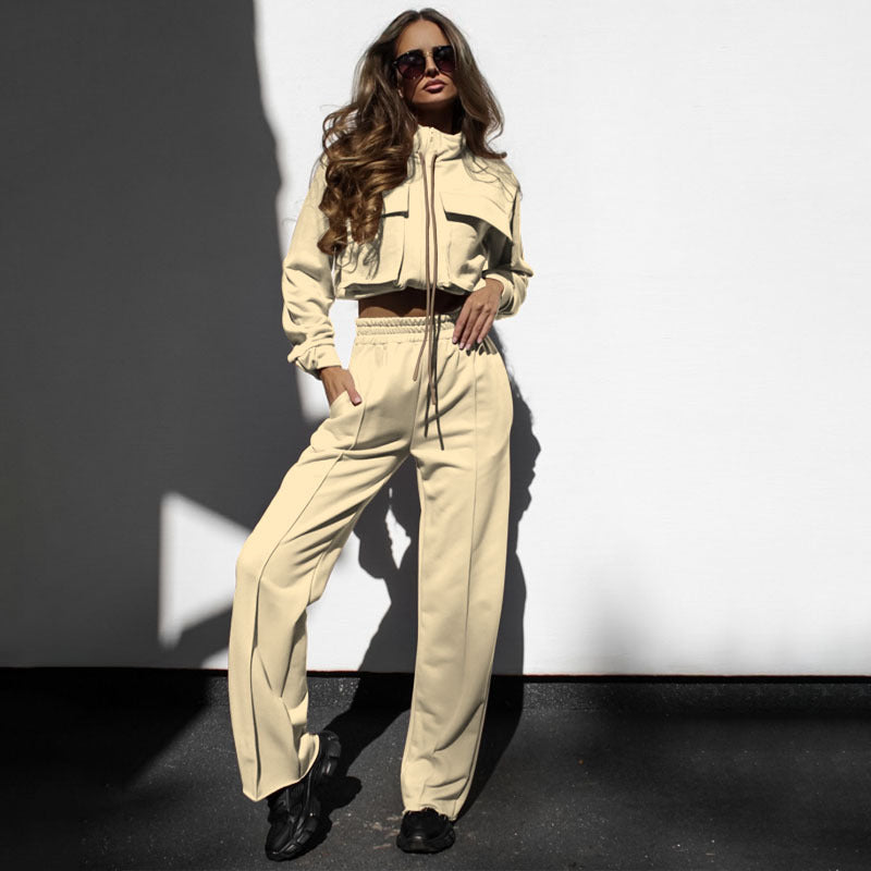 Ensemble automne-hiver femme : haut à manches longues, pantalon décontracté, fermeture éclair double poche et cordon de serrage, coloris uni.