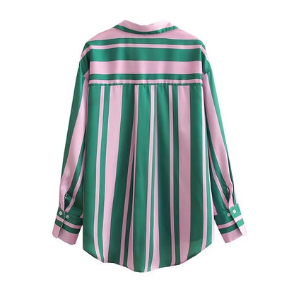 Autumn Elegant Collared Long Sleeve Striped Single Breasted Shirt for Women