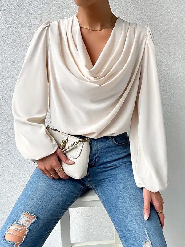 T-shirt à manches longues ample et drapé, col en V, vêtements pour femmes
