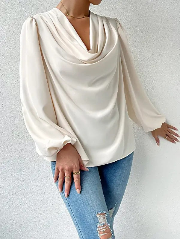 T-shirt à manches longues ample et drapé, col en V, vêtements pour femmes
