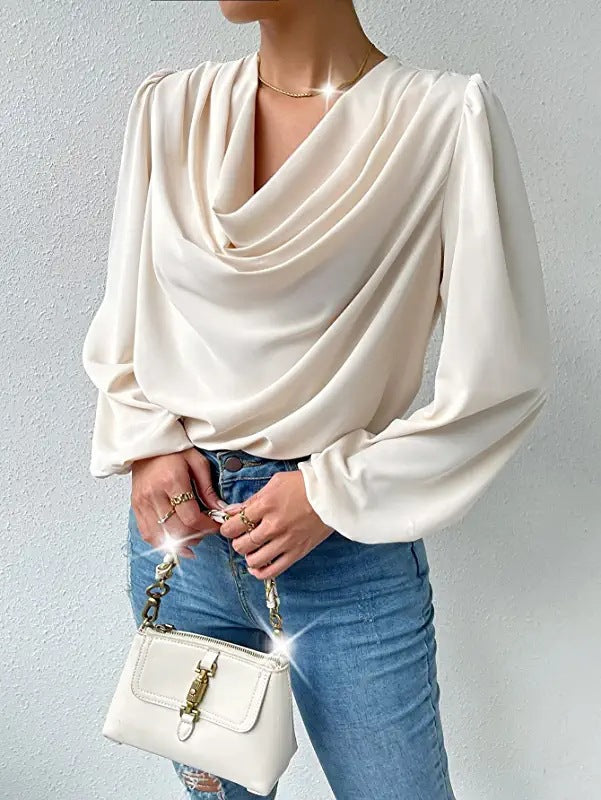 T-shirt à manches longues ample et drapé, col en V, vêtements pour femmes