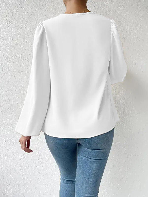 T-shirt à manches longues ample et drapé, col en V, vêtements pour femmes