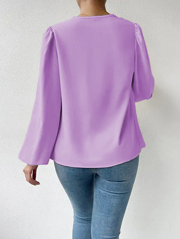 T-shirt à manches longues ample et drapé, col en V, vêtements pour femmes