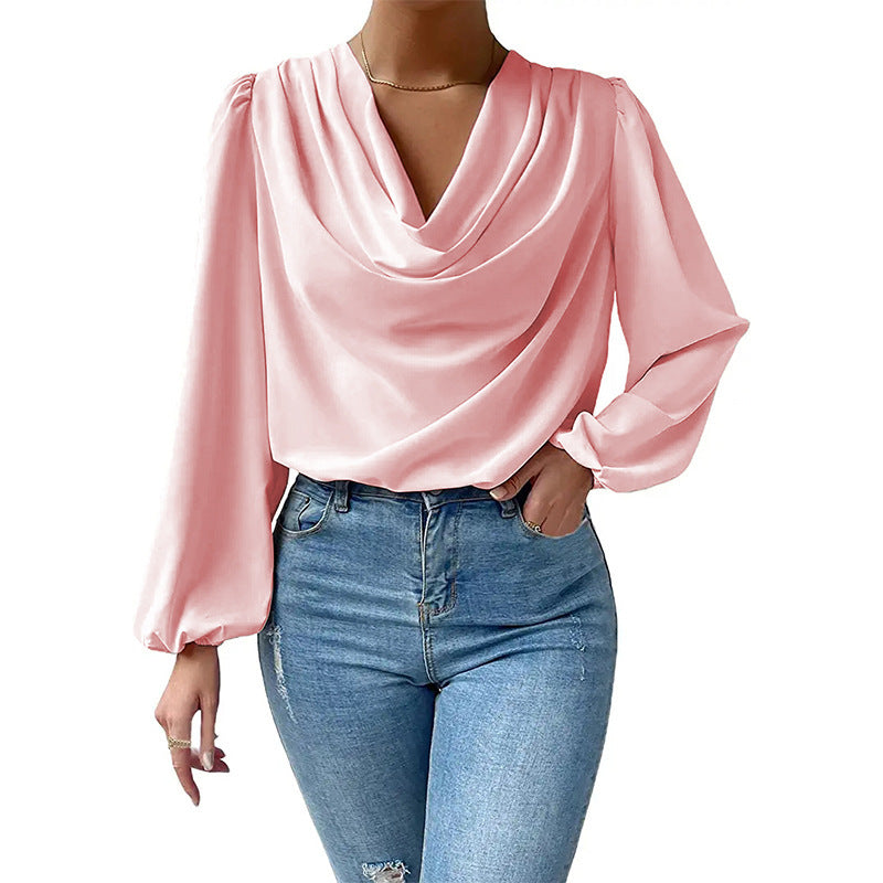 T-shirt à manches longues ample et drapé, col en V, vêtements pour femmes