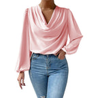 T-shirt à manches longues ample et drapé, col en V, vêtements pour femmes