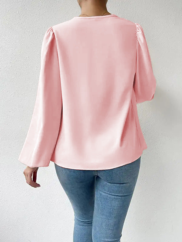 T-shirt à manches longues ample et drapé, col en V, vêtements pour femmes
