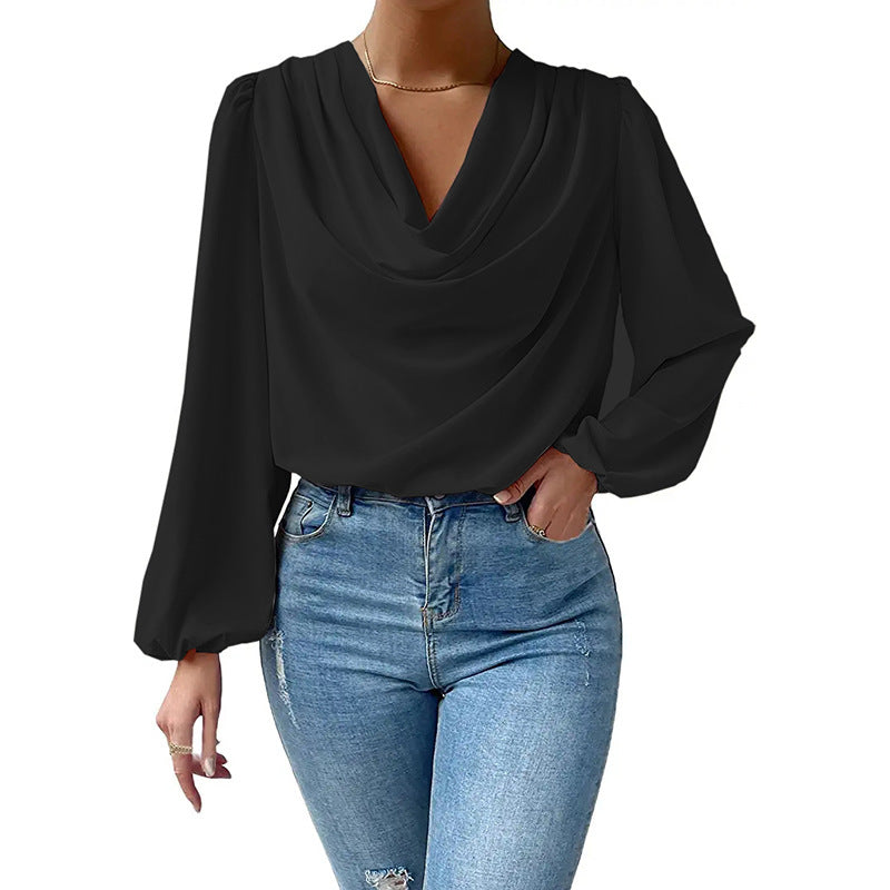 T-shirt à manches longues ample et drapé, col en V, vêtements pour femmes