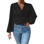 T-shirt à manches longues ample et drapé, col en V, vêtements pour femmes