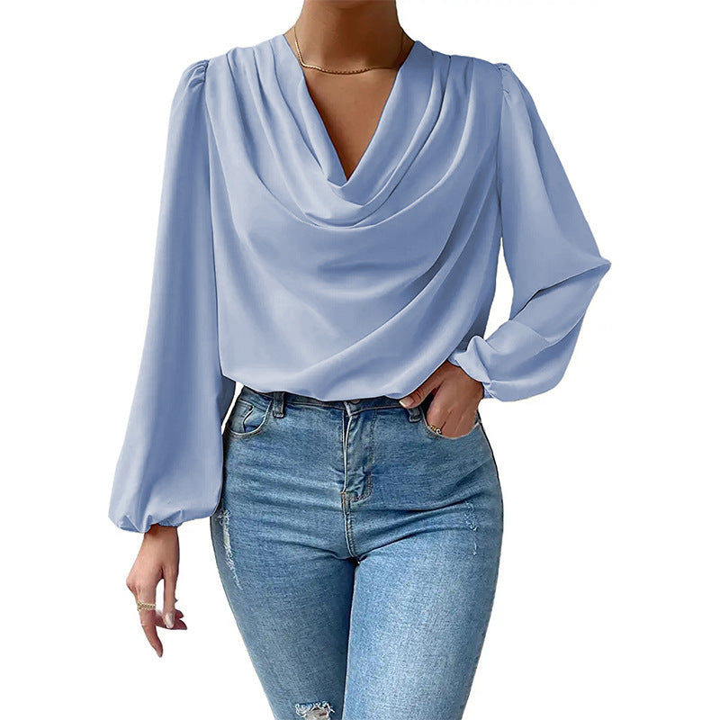 T-shirt à manches longues ample et drapé, col en V, vêtements pour femmes