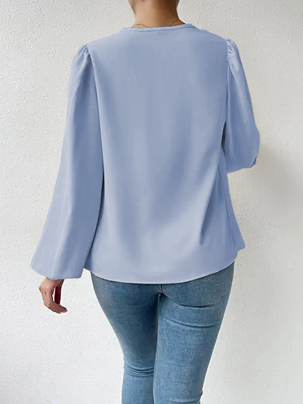 T-shirt à manches longues ample et drapé, col en V, vêtements pour femmes