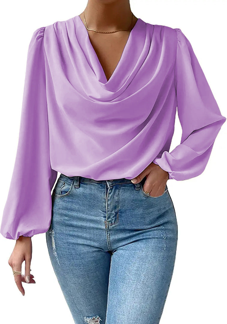 T-shirt à manches longues ample et drapé, col en V, vêtements pour femmes