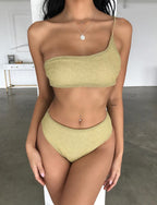 Maillot de bain une pièce fendu pour femme, asymétrique, doré, argenté, en soie, avec des reflets