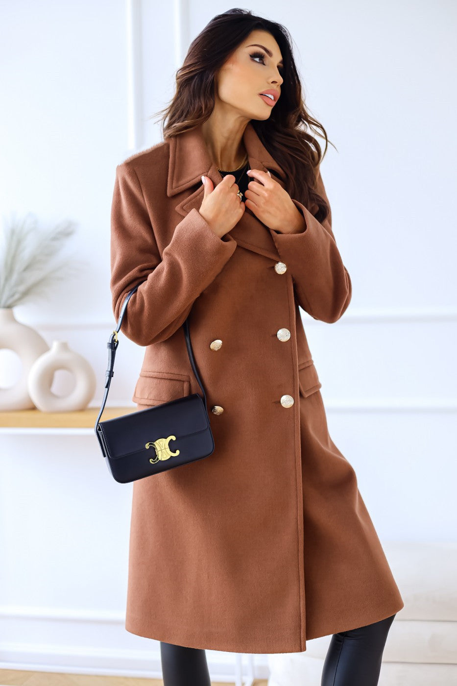 Abrigo de lana cruzado con cuello y manga larga para mujer, otoño e invierno, sencillo