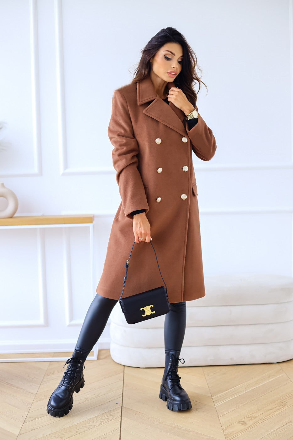 Abrigo de lana cruzado con cuello y manga larga para mujer, otoño e invierno, sencillo