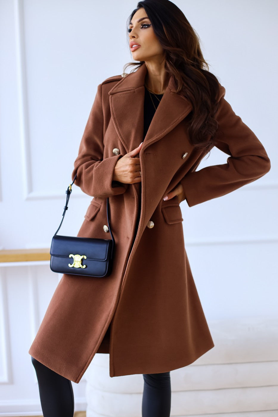 Abrigo de lana cruzado con cuello y manga larga para mujer, otoño e invierno, sencillo