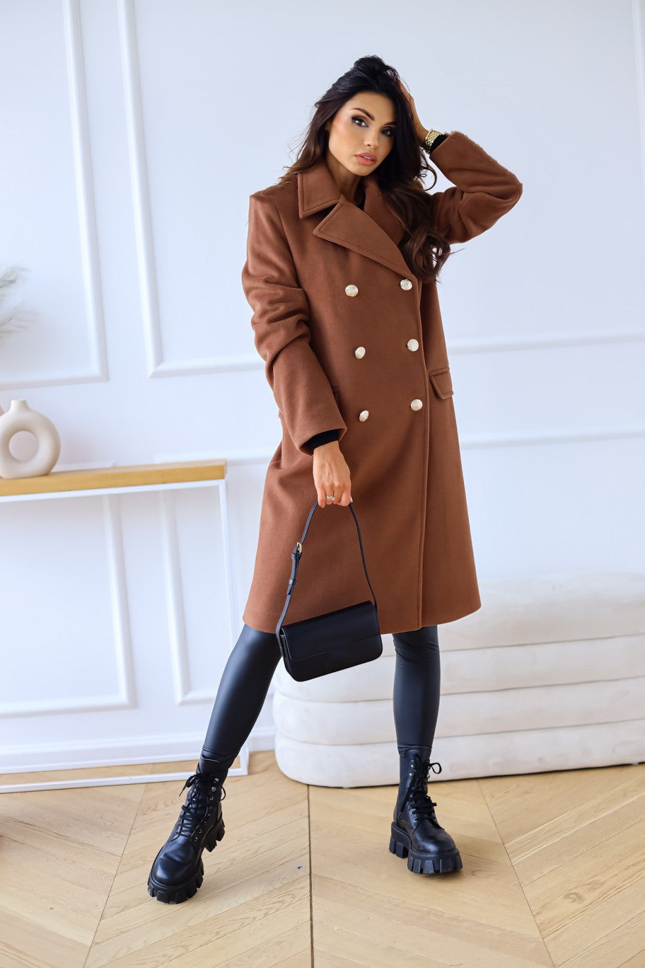 Abrigo de lana cruzado con cuello y manga larga para mujer, otoño e invierno, sencillo