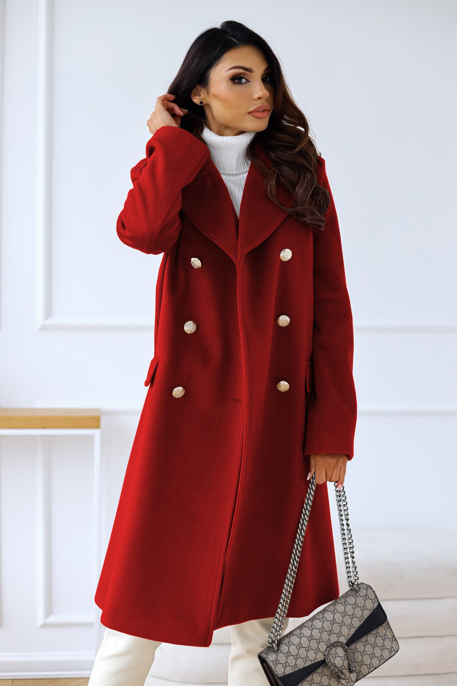 Manteau en laine à col croisé et manches longues, style automne-hiver, pour femme