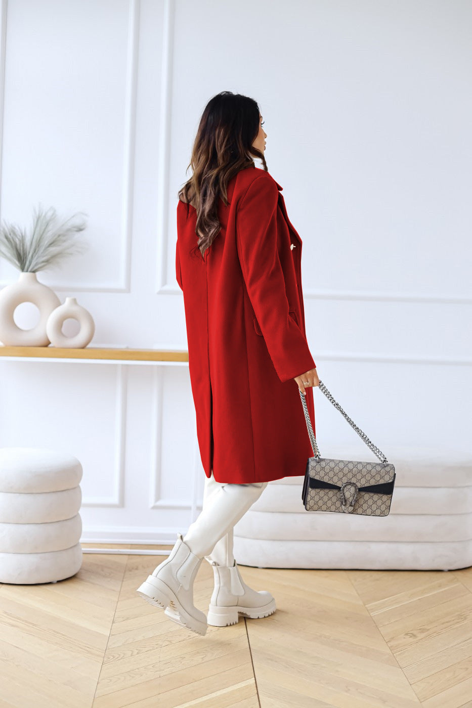 Manteau en laine à col croisé et manches longues, style automne-hiver, pour femme