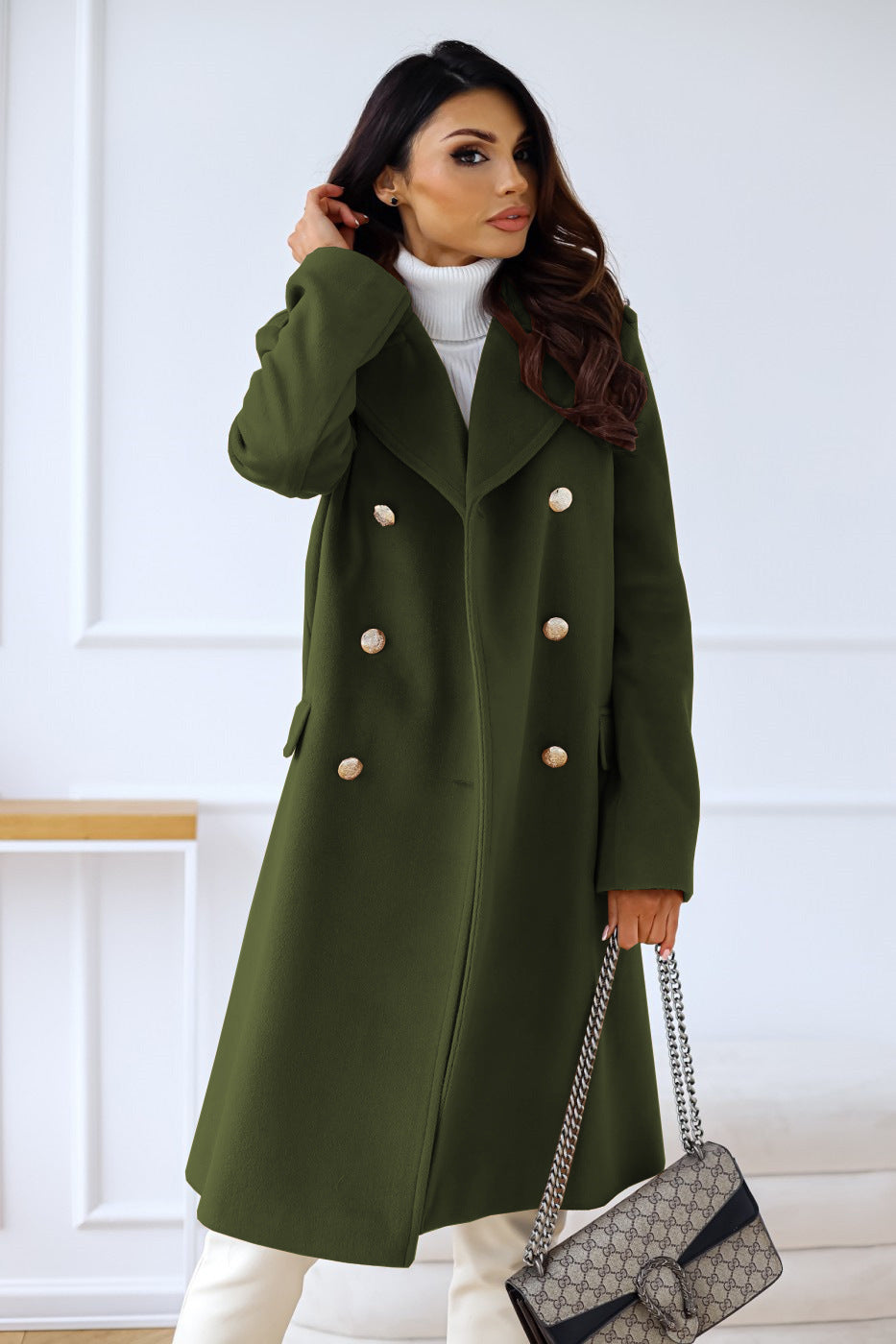 Abrigo de lana cruzado con cuello y manga larga para mujer, otoño e invierno, sencillo