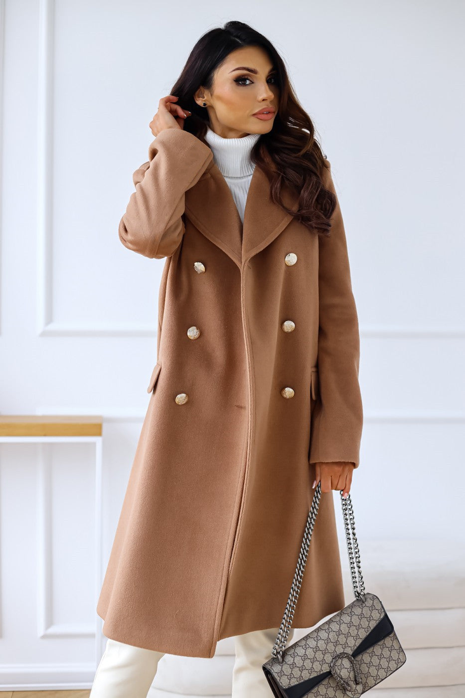 Manteau en laine à col croisé et manches longues, style automne-hiver, pour femme