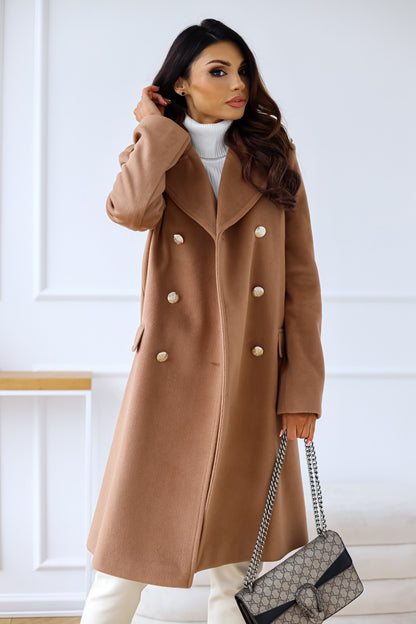 Abrigo de lana cruzado con cuello y manga larga para mujer, otoño e invierno, sencillo