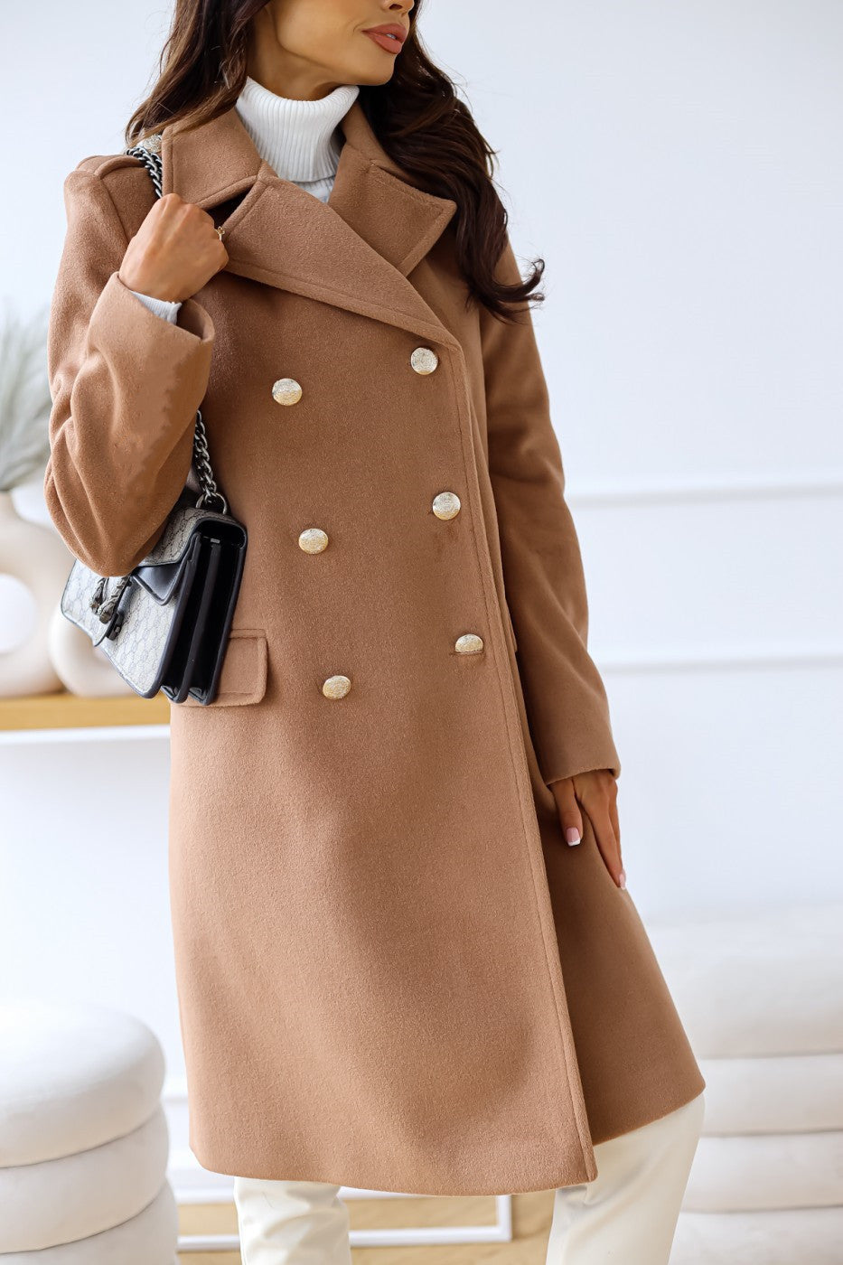 Abrigo de lana cruzado con cuello y manga larga para mujer, otoño e invierno, sencillo