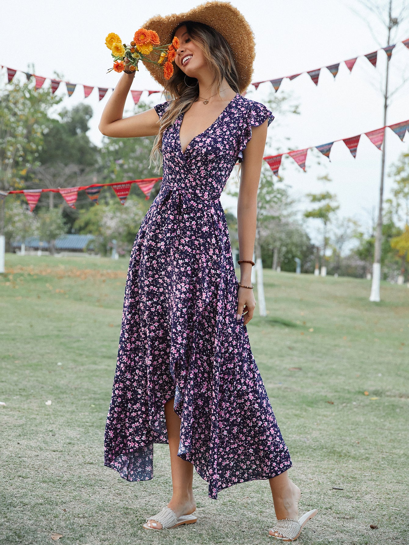 Women Summer Daily Ruffled Printed V Neck Short Sleeve High Split A Line Midi Dress ANA