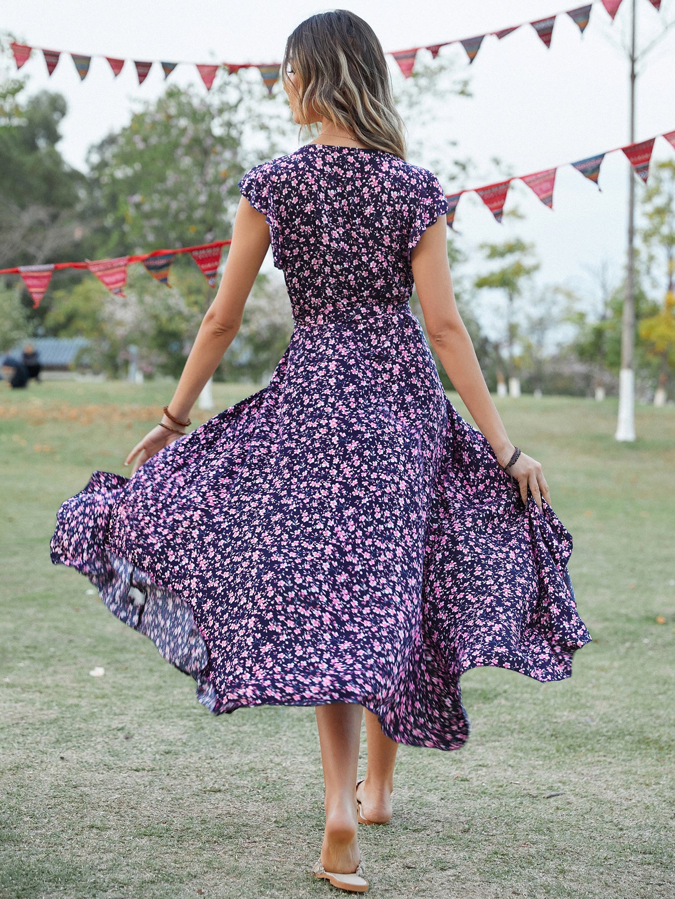 Women Summer Daily Ruffled Printed V Neck Short Sleeve High Split A Line Midi Dress ANA